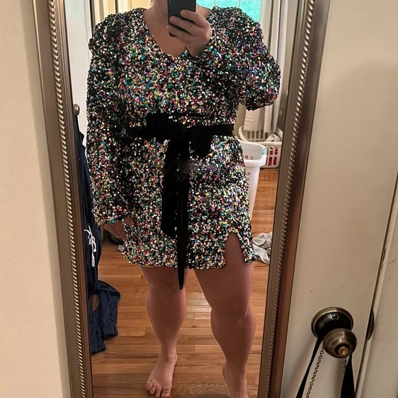 Fun long sleeve fashion nova puffed shoulder sequin mini dress - Picture 2 of 6